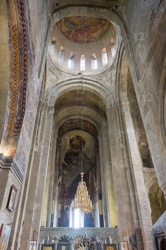 An impressive vaulted ceiling with frescoes and a depiction of Christ in a church, Svetitskhoveli Cathedral, Svetitskhoveli, UNESCO World Heritage Site, Mtskheta, Mtskheta, Mtskheta-Mtianeti region, Georgia