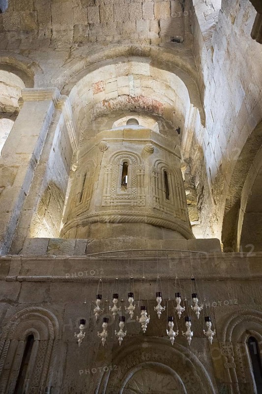 Romanesque church with stone structures and detailed relief decorations in softly lit atmosphere, Svetitskhoveli Cathedral, Svetitskhoveli, UNESCO World Heritage Site, Mtskheta, Mtskheta, Mtskheta-Mtianeti region, Georgia