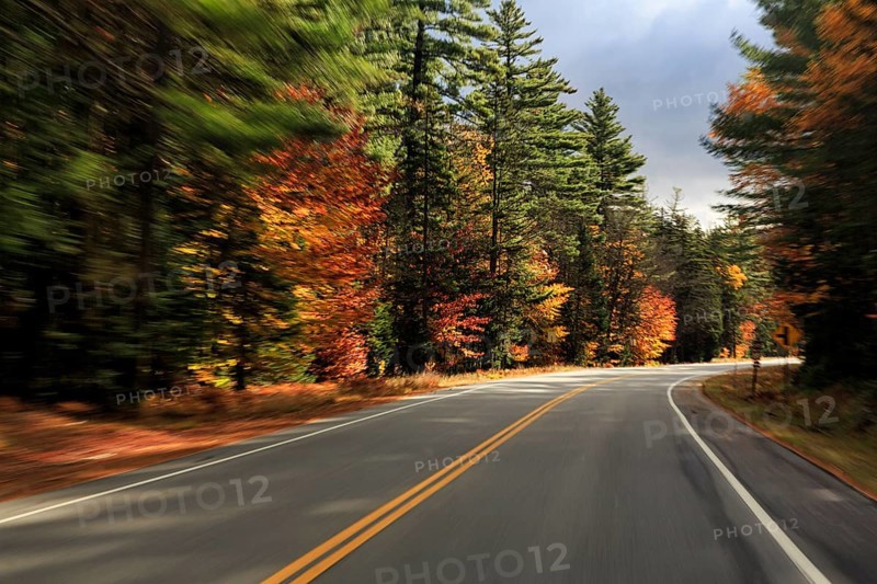 Winding country road through forest, autumn leaves, Indian summer, sunny fall weather, smudge effect, blur, symbolic photo, speed, Kancamagus Highway, White Mountain, New Hampshire, New England, USA