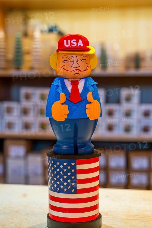 Carved wooden figure of US President Donald Trump, health resort and toy village Seiffen, Ore Mountains, Saxony, Germany