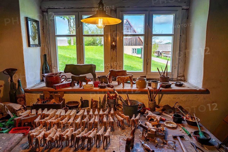 Wooden toys and tools in the historic workshop of a toy maker, Seiffen open-air museum, Ore Mountains, Saxony, Germany