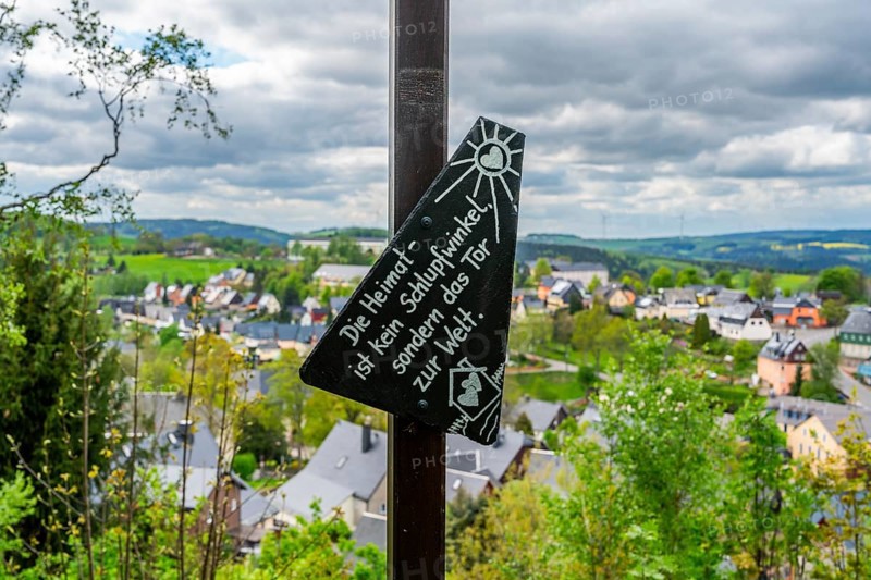 Idiom on the theme of home on a slate, mining relic Binge, health resort and toy village Seiffen, Ore Mountains, Saxony, Germany