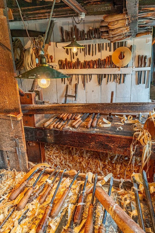 Planes, files and other tools in the historic workshop of a toy maker and tire turner, Seiffen open-air museum, Ore Mountains, Saxony, Germany
