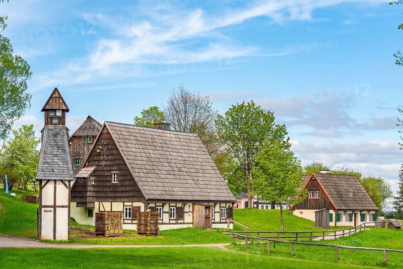 Historic houses with half-timbered timber and shingles under trees in the Seiffen open-air museum, Ore Mountains, Saxony, Germany
