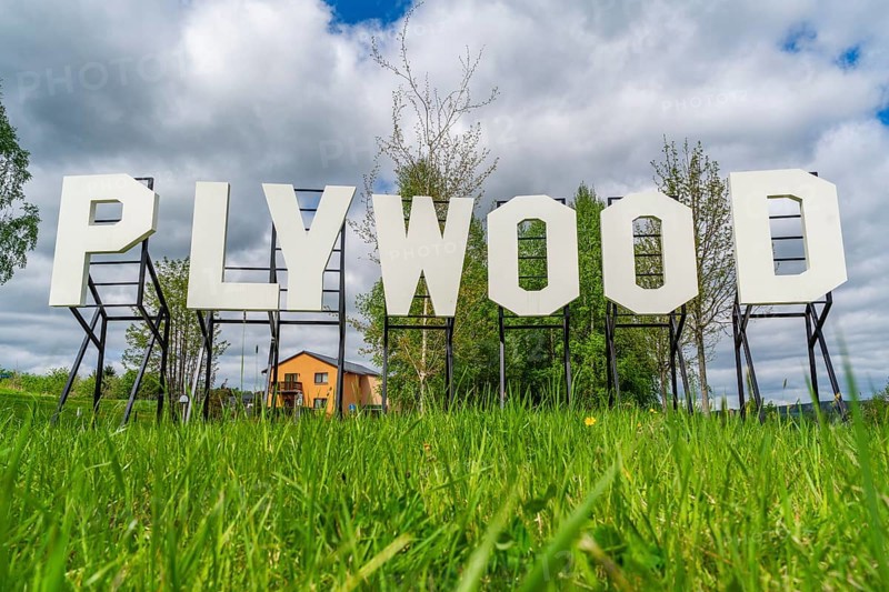Sculpture, art installation Plywood in the form of Hollywood lettering by artist Jay Gard, Purple Path art and sculpture trail of the European Cultural Region around the cultural capital Chemnitz, Olbernhau, Ore Mountains, Saxony, Germany