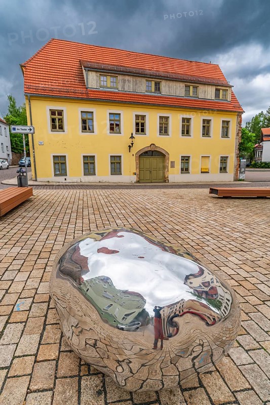 Sculpture, art installation Trashstone 689 in the form of a silver nugget by artist Wilhelm Mundt, Purple Path art and sculpture trail of the European cultural region around the cultural capital Chemnitz, Freiberg, Saxony, Germany