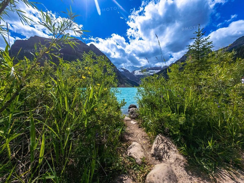 Sun shining over a rocky path leading through lush vegetation to the turquoise waters of moraine lake with the canadian rockies in the background in banff national park, alberta, canada