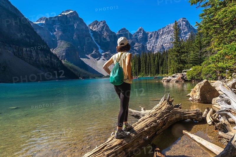 Female tourist standing on a log and admiring the turquoise waters of moraine lake, framed by the stunning peaks of the canadian rockies on a sunny summer day