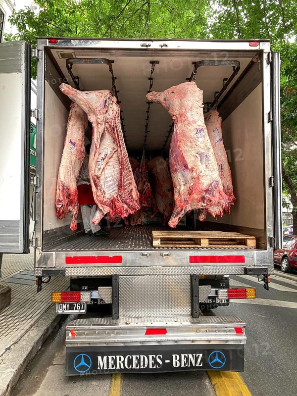Mercedes refrigerated van with beef halves, half beef, beef, delivering in the city of Buenos Aires, Argentina