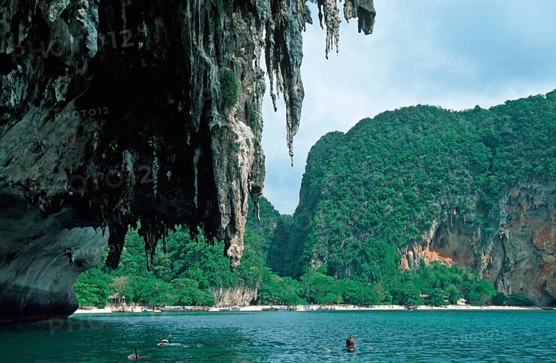 Mountains, snorkeling in front of Pranang Cave beach, two years in front of the tsunami, Krabi, Thailand, December 2002, vintage, retro, old, historic