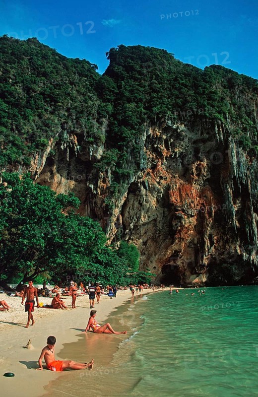 People bathing and sunbathing on Pranang Cave beach, two years in front of the tsunami, Krabi, Thailand, December 2002, vintage, retro, old, historic
