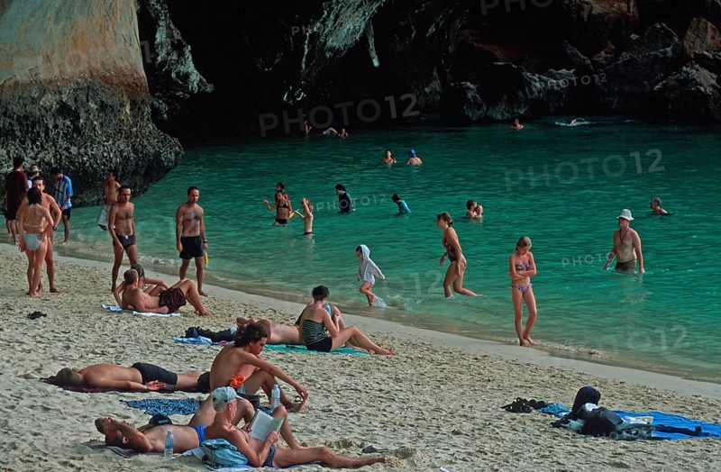 People bathing and sunbathing on Pranang Cave beach, two years in front of the tsunami, Krabi, Thailand, December 2002, vintage, retro, old, historic