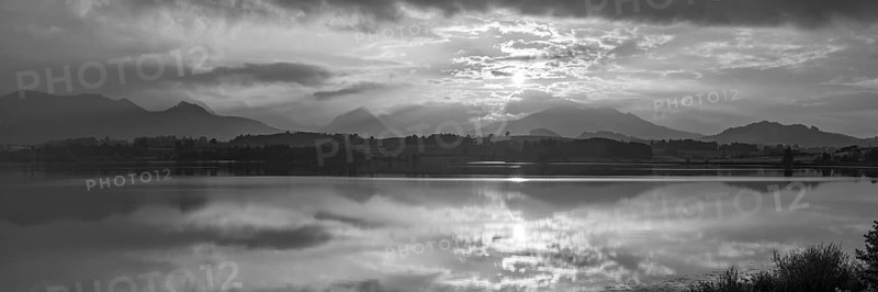 Sunset panorama, Hopfensee, Hopfen am See, near Füssen, Ostallgäu, Allgäu, Bavaria, Germany