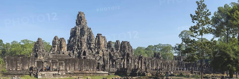 Panoramic picture of the south side of Bayon Temple, with huge stone-carved faces of Bodhisattva Lokeshvara, also Avalokiteshvara, Angkor Thom, UNESCO World Heritage Site, Angkor Wat, Siem Reap, Cambodia