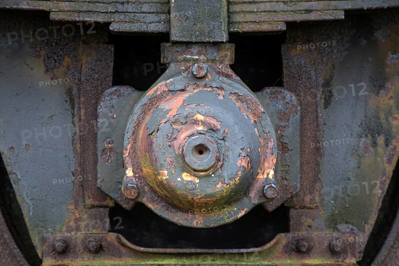 Detailed view of the axle of an old railway wagon near the former Bresewitz station, near Zingst, Mecklenburg-Western Pomerania, Germany