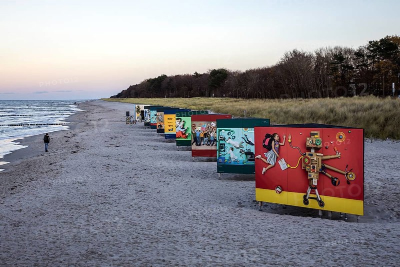 Advertising posters on the beach in Zingst, Fischland-Darss-Zingst, Western Pomerania Lagoon Area National Park, Mecklenburg-Western Pomerania, Germany