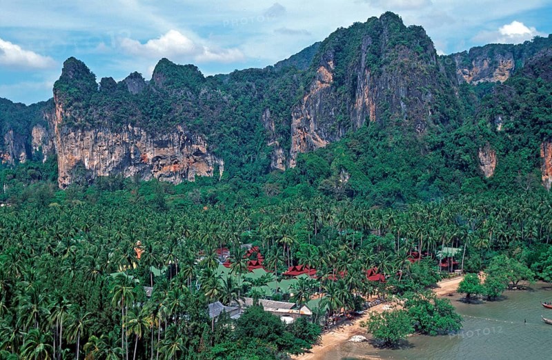 Mountains, sea, beach, boats, view of Railay East from the viewpoint, two years in front of the tsunami, Krabi, Thailand, December 2002, vintage, retro, old, historic