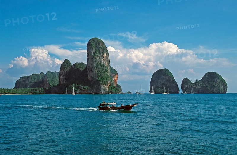 Longtail boat, rocks in the sea, Railay East, two years in front of the tsunami, Krabi, Thailand, December 2002, vintage, retro, old, historic