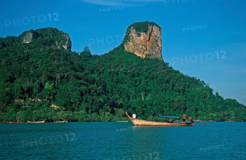 Mountains, sea, longtail boat, two years in front of the tsunami, Railay East, Krabi, Thailand, December 2002, vintage, retro, old, historic
