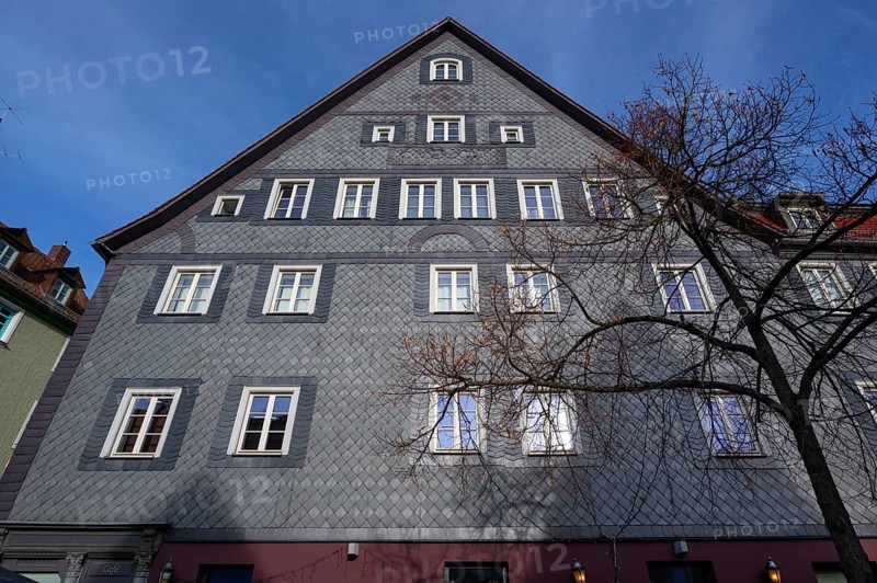 Historic slate façade of a residential building from 1665, Gustavstraße 48 and 50, Fürth, Middle Franconia, Bavaria, Germany