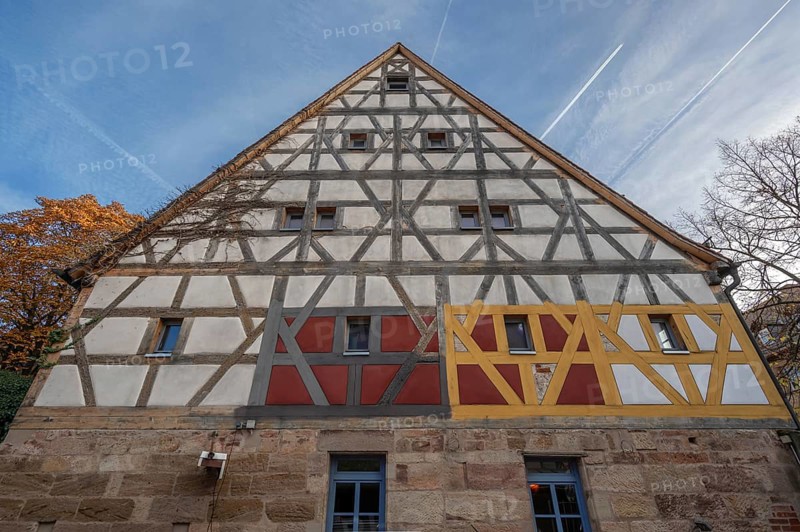 Color test on the façade in front of the renovation of a historic half-timbered house, Fürth, Middle Franconia, Bavaria, Germany