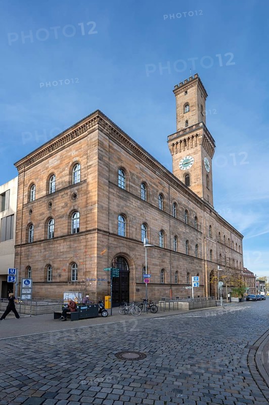 Town Hall, built 1840 to 1844, the tower is a replica of the Palazzo Vecchio in Florence, Königstr., Fürth, Middle Franconia, Bavaria, Germany