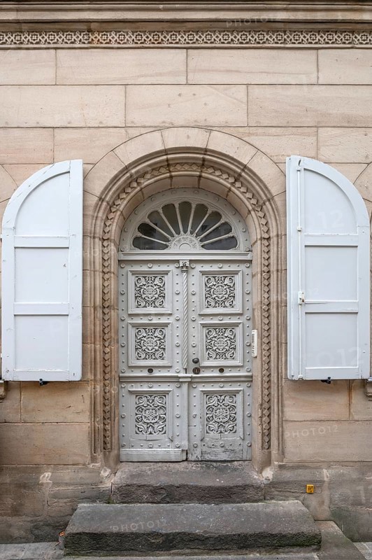 Decorative front door of a residential building, built around 1880, Fürth, . Middle Franconia, Bavaria, Germany