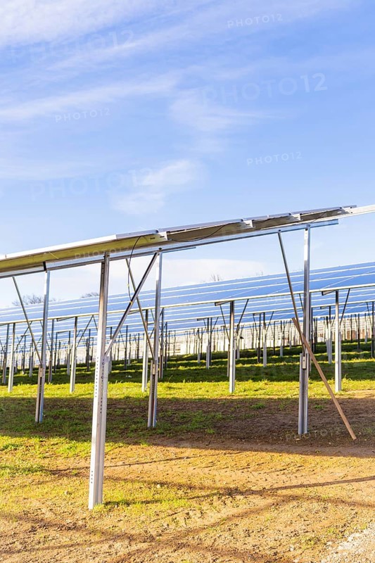 Metal frameworks for solar modules on green soil, energy revolution, construction of PV open space, Baden-Württemberg, Germany
