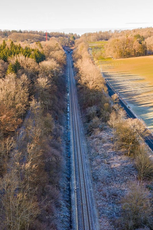 Railway lines extend through a forest with trees covered in frost under clear skies, construction of the Hermann Hesse Railway, Calw, Germany