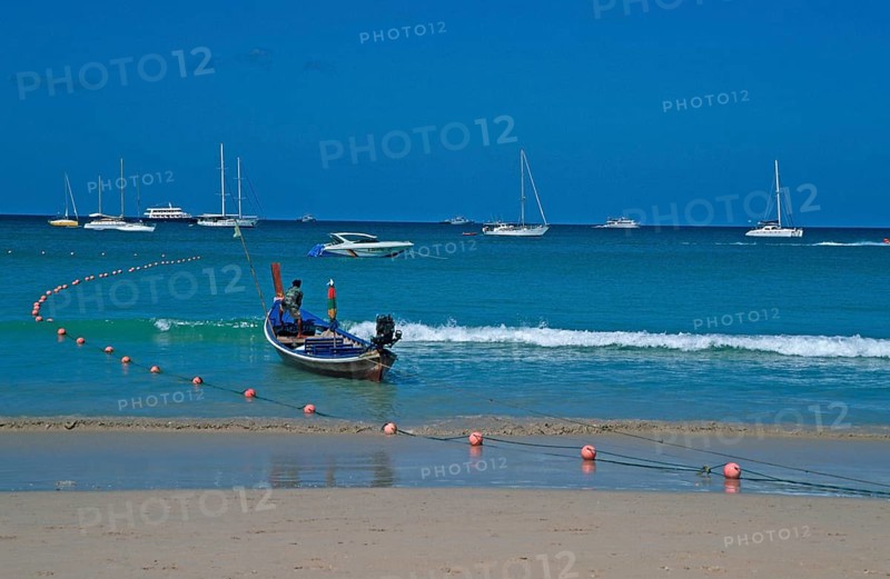 Longtail boat and yachts on Patong Beach, Ko Phuket, two years in front of the tsunami, Thailand, December 2002, vintage, retro, old, historic