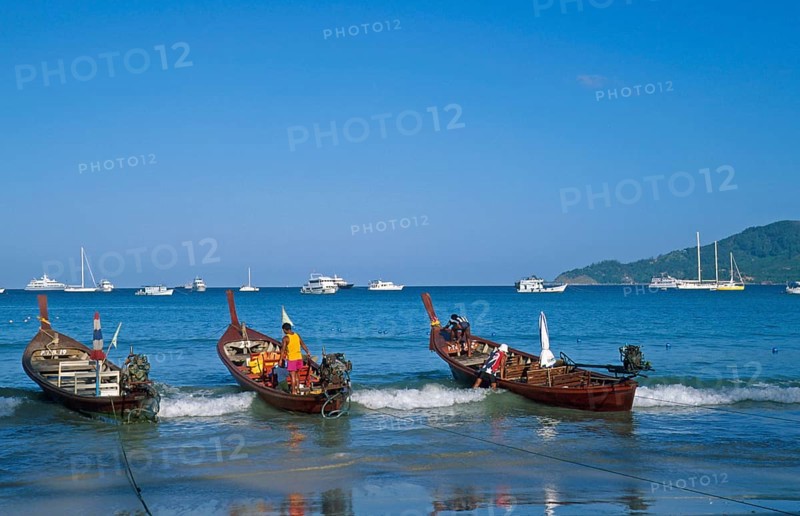Longtail boats and yachts on Patong Beach, Ko Phuket, two years in front of the tsunami, Thailand, December 2002, vintage, retro, old, historic