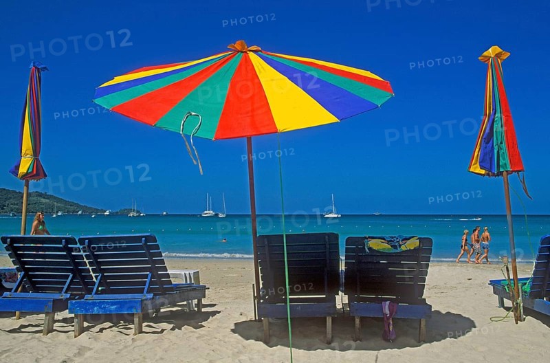 Umbrellas, people, Patong Beach, Ko Phuket, two years in front of the tsunami, Thailand, December 2002, vintage, retro, old, historic