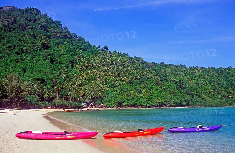 Kayaks on the beach of Ko Phi Phi Don, two years in front of the tsunami, Thailand, December 2002, vintage, retro, old, historic