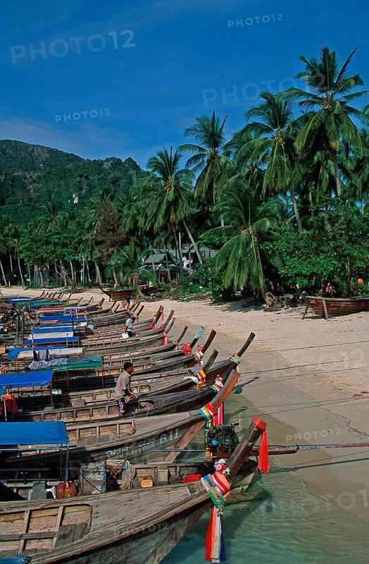 Longtail boats on Ko Phi Phi Don beach, two years in front of the tsunami, Thailand, December 2002, vintage, retro, old, historic