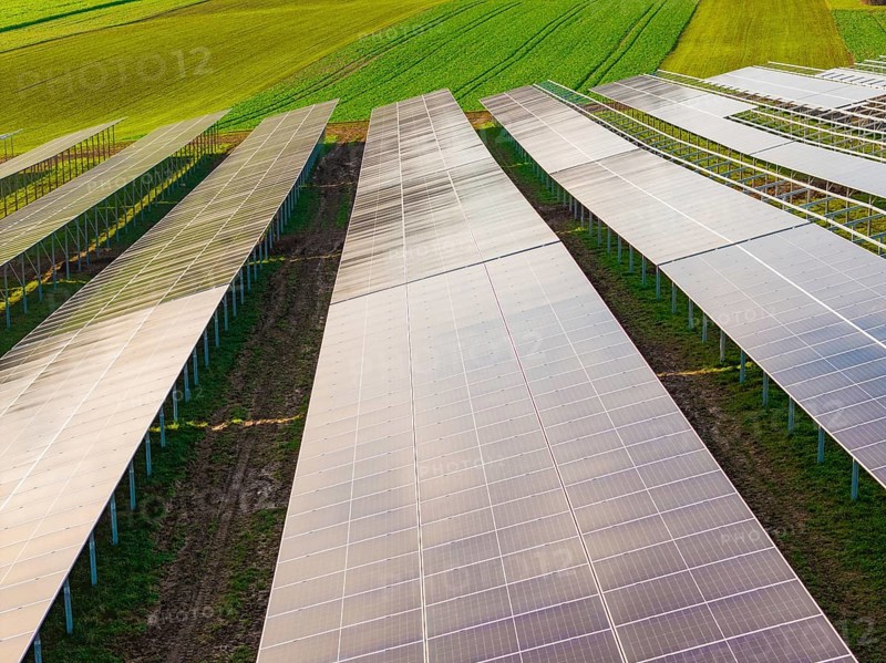 Close-up of solar systems spanning fields, energy transition, construction of PV open space, Baden-Württemberg, Germany
