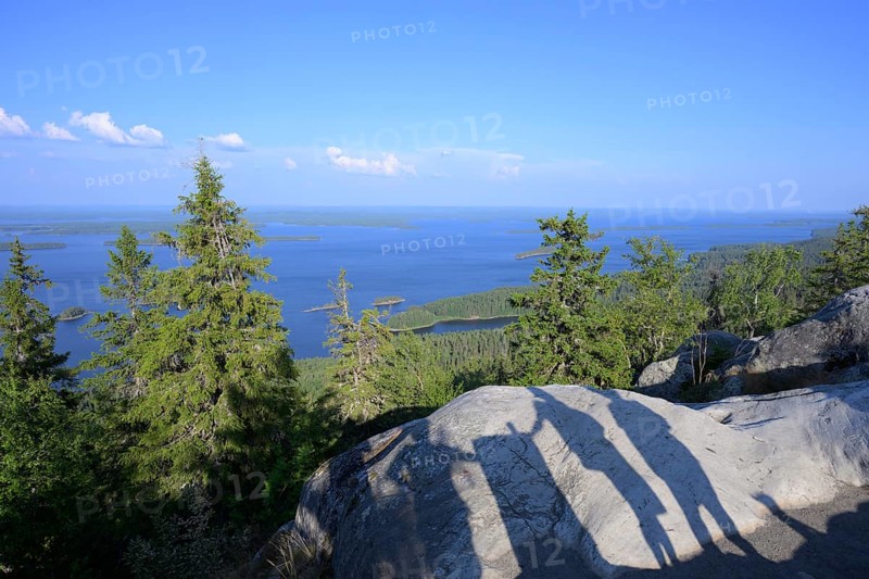 Panoramic view of lakes and forests under clear blue sky with tree statues, Koliberg, Finland's most famous viewpoint, Ylä-Koli, Koli, North Karelia, Finland