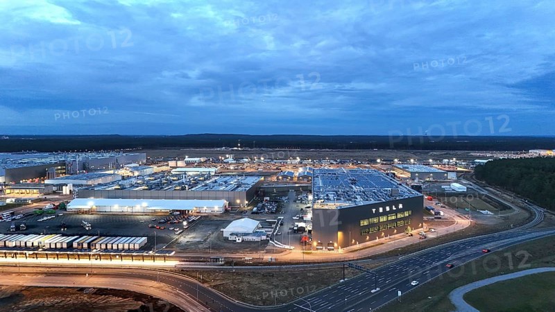 Tesla Gigafactory at the blue hour, Grünheide, 19.12.2025, Grünheide, Brandenburg, Germany