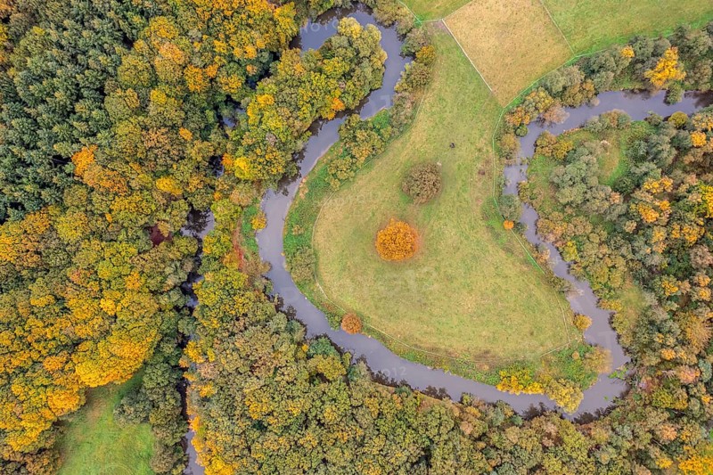 Aerial view of the winding Hunte river in autumn landscape Aerial view Vertical aerial view, Huntetal, Dötlingen, Lower Saxony, Germany