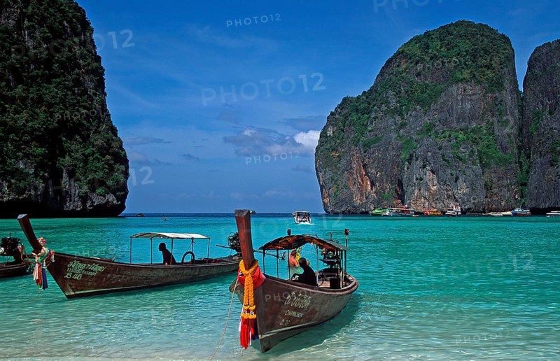 Longtail boats on Maya Bay beach, known from the movie The Beach, one year in front of the tsunami, Ko Phi Phi Le, Thailand, December 2002, vintage, retro, old, historic