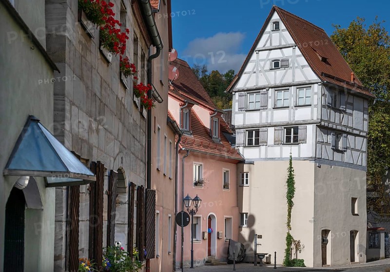 Part of the former 15th century city fortifications, half-timbered first half of the 19th century, Eisenhüttlein 19, Hersbruck, Middle Franconia, Bavaria, Germany