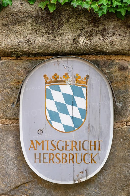 Bavarian coat of arms on the former castle, now district court, Hersbruck, Middle Franconia, Bavaria, Germany