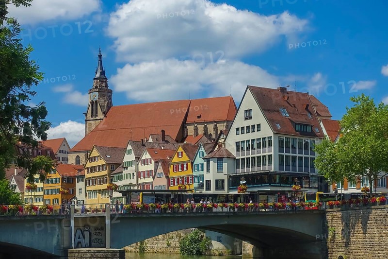 Eberhardsbrücke, Neckar, rear old town, houses, collegiate church, Tübingen, Baden-Württemberg, Germany