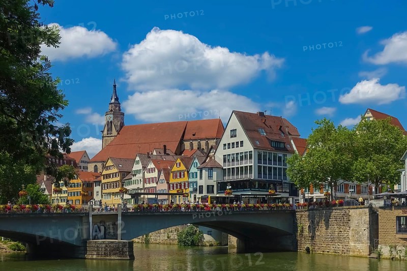 Eberhardsbrücke, Neckar bridge, river, flowing water, old town on the left back, houses, collegiate church, clouds, Tübingen, Baden-Württemberg, Germany
