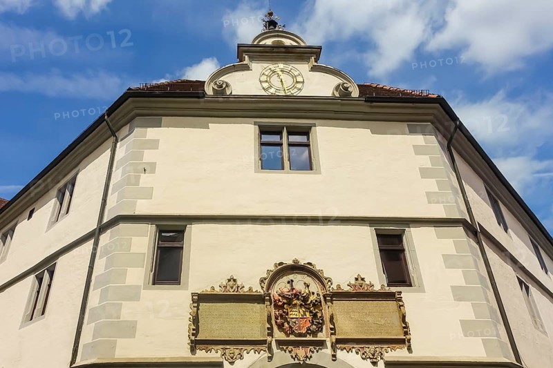 Wilhelmsstift Tübingen, Episcopal Theologian Convict of the Diocese of Rottenburg-Stuttgart, historic buildings, architecture, clock, coat of arms, inscription, Tübingen, Baden-Württemberg, Germany