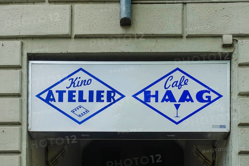 Sign, billboard, cinema studio, Cafe Haag, traditional house, writing, blue letters, Tübingen, Baden-Württemberg, Germany