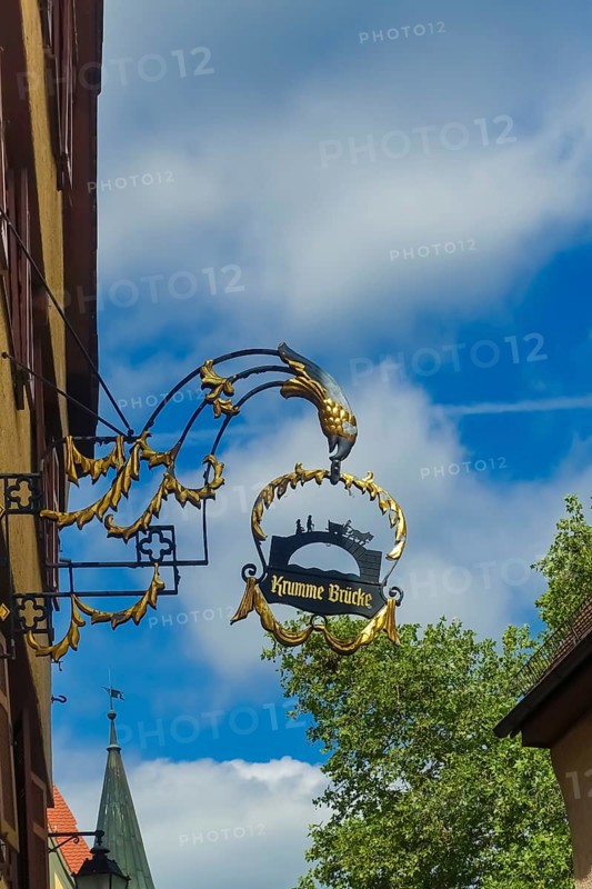 Tavern sign, crooked bridge, old restaurant sign, gold decoration, figurines, filigree advertising sign for a restaurant, Tübingen, Baden-Württemberg, Germany