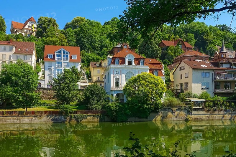 Houses in Gartenstraße, Neckar, river, flowing water, buildings, Tübingen, Baden-Württemberg, Germany