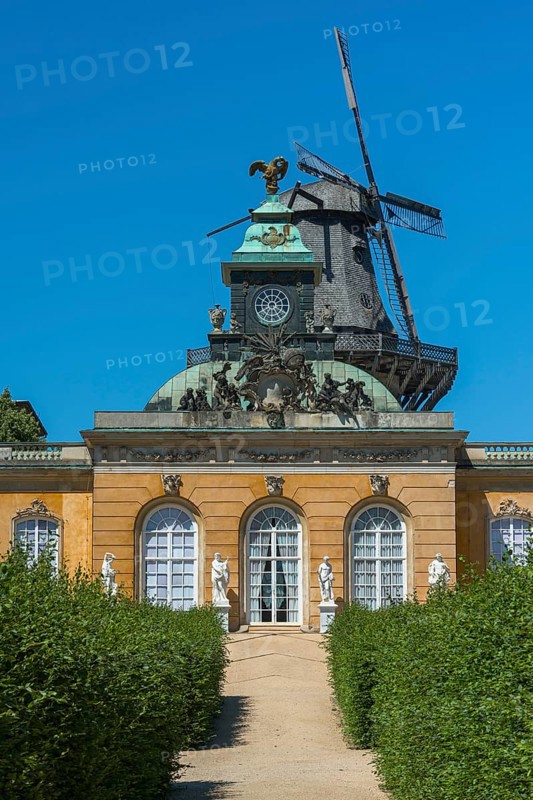 New chambers with historic windmill in Sanssouci Palace, Potsdam, Brandenburg