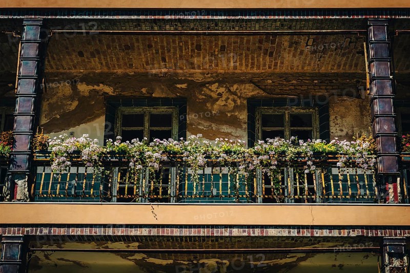 Façade with balcony and flower boxes, Lost Place, Heilstätten Beelitz, Brandenburg