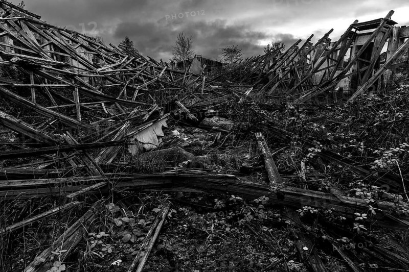 Dilapidated hall of the dilapidated plant of a former agricultural production cooperative of the former GDR, LPG, Lost Place, black and white photo, Müggenburg, Fischland-Darß-Zingst, Western Pomerania National Park, Mecklenburg-Western Pomerania, Germany